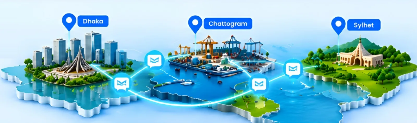 Map of Bangladesh connecting Dhaka, Chattogram and Sylhet with SMS delivery routes